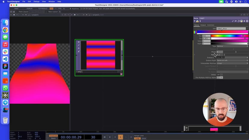 We want some natural movement to our surface's color, so we can add a Pattern CHOP to control the movement of the gradient TOP that affects our material.