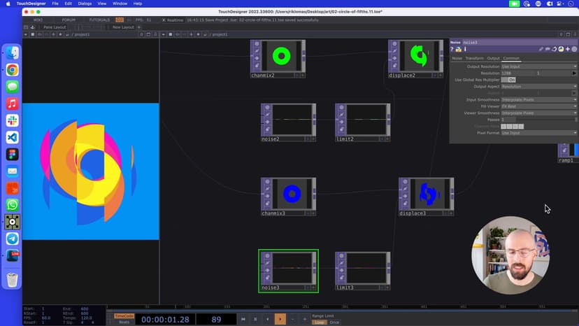 Another simple effect we can use is by altering the noise TOPs to make them just a pixel in height (or width) and TouchDesigner will stretch this pattern to give us a slit scan effect.